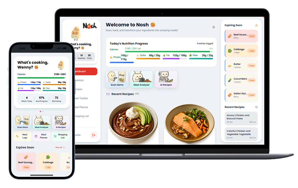 Nosh AI-powered recipe generator app interface on mobile and desktop devices showing recipe creation, meal planning, nutrition tracking, and inventory management features